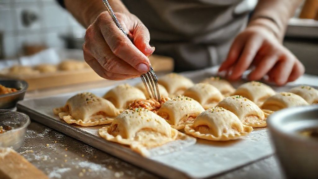 Mãos recheando e fechando o pastel com garfo, mostrando o processo de montagem antes de assar