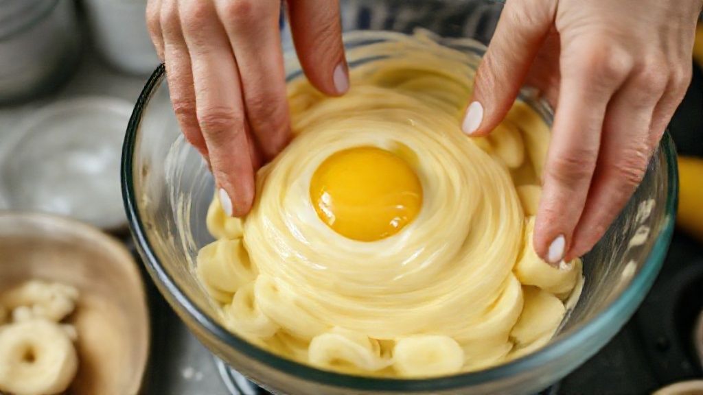 Mãos misturando banana amassada com ovo em uma tigela, durante o preparo da massa do pastel