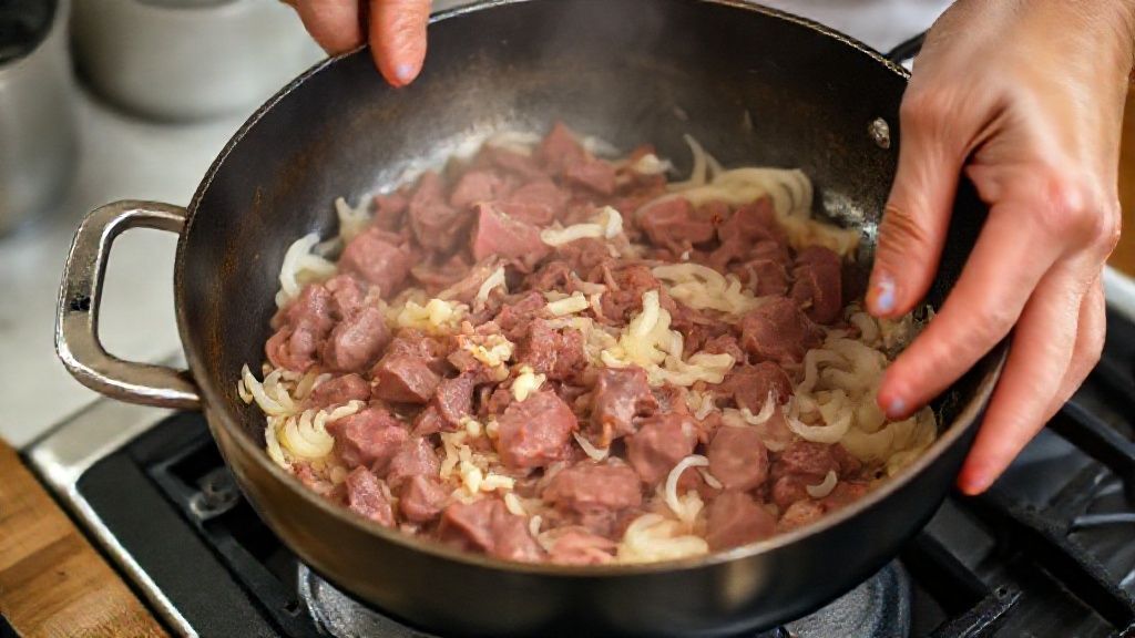Mãos refogando fígado e cebola em frigideira durante o preparo do patê