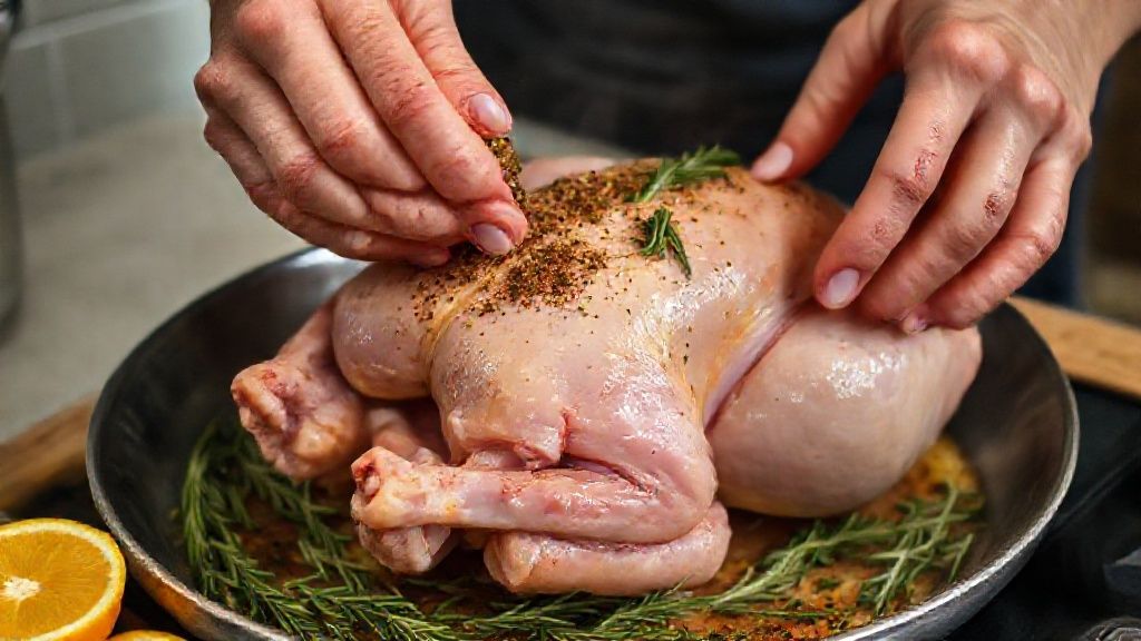 Mãos temperando o pato com a marinada de laranja e alecrim antes de levar ao forno
