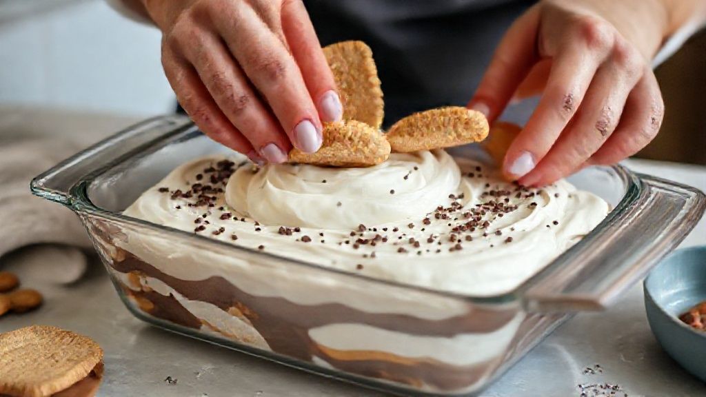 Mãos montando camadas de creme e biscoitos no refratário durante o preparo do pavê