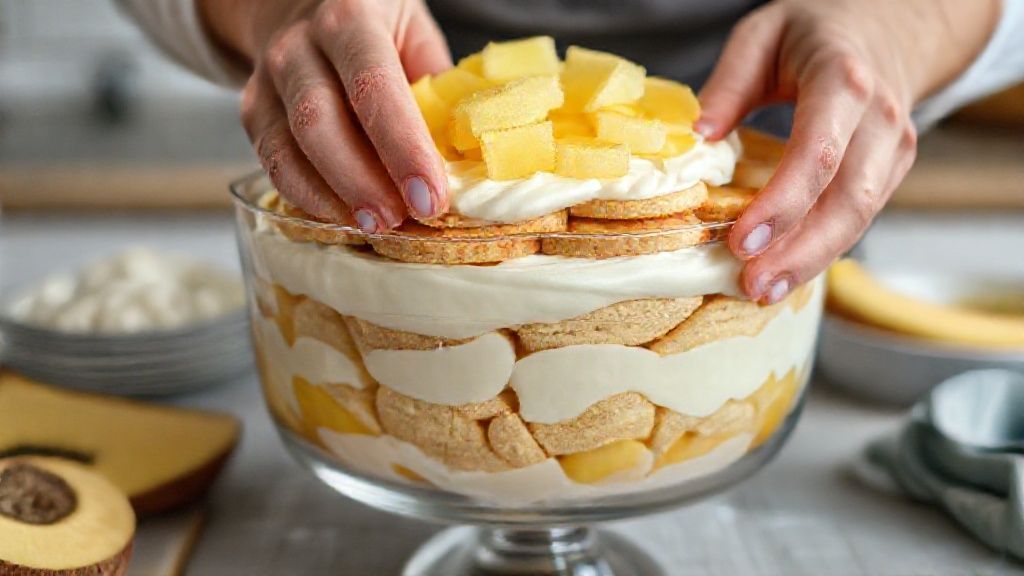 Mãos montando as camadas do pavê: creme de doce de leite e pedaços de abacaxi em refratário.