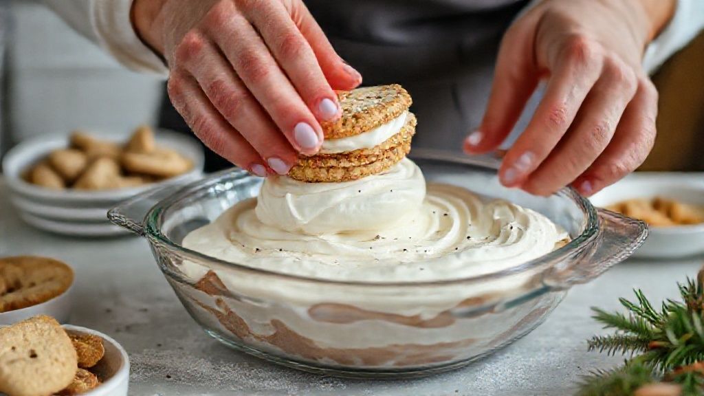 Mãos montando camadas de creme e Bis em um refratário, mostrando o processo do pavê