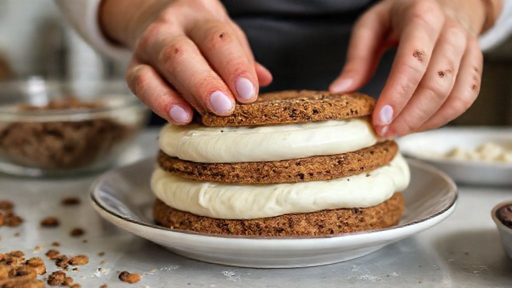 Mãos montando as camadas de creme e biscoito do pavê sem fogo e rápido