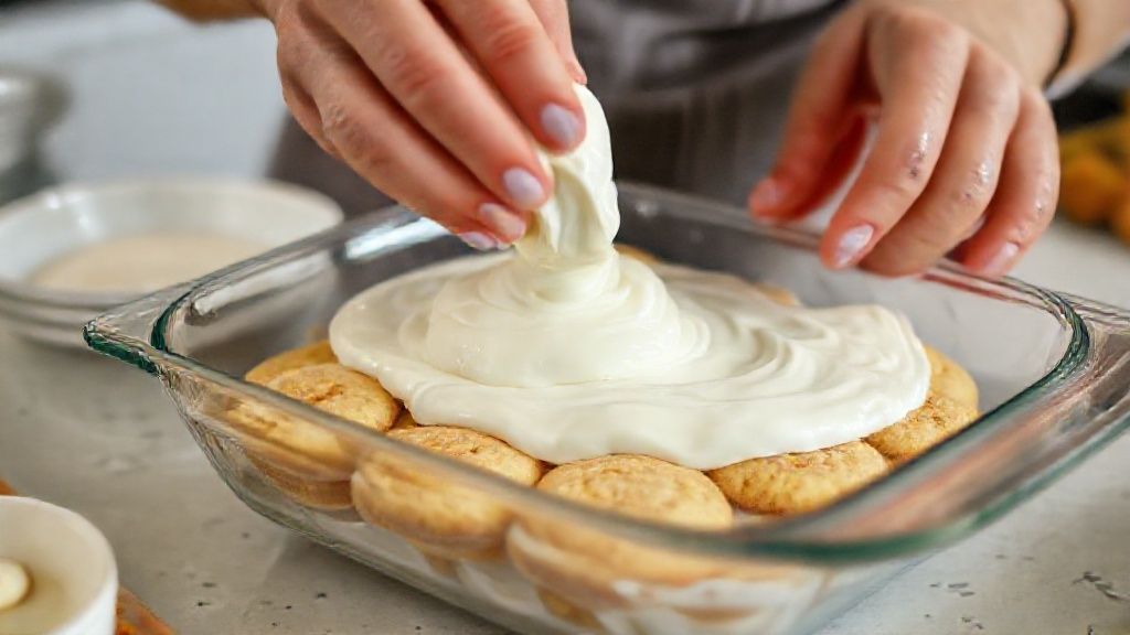 Mãos preparando uma das camadas do pavê, espalhando creme sobre biscoitos champanhe.