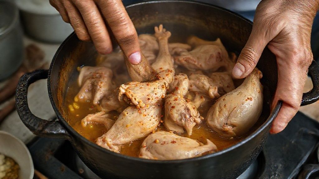 Mãos caramelizando pés de frango em panela de ferro com banha e temperos.