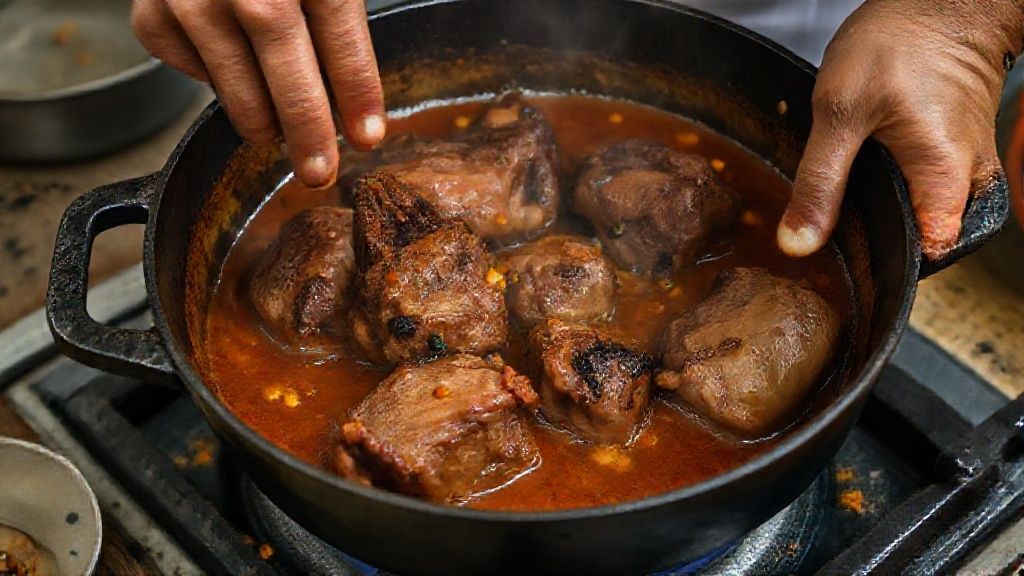 Mãos dourando pedaços de rabada em panela de ferro, soltando o fundo da panela com caldo rico e aromático