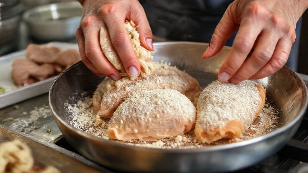Mãos recheando e empanando o peito de frango durante o preparo da receita.