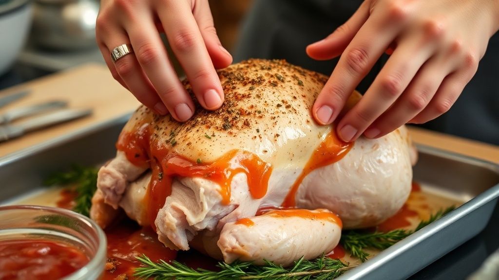 Mãos espalhando manteiga temperada sobre o peito de peru antes de levar ao forno