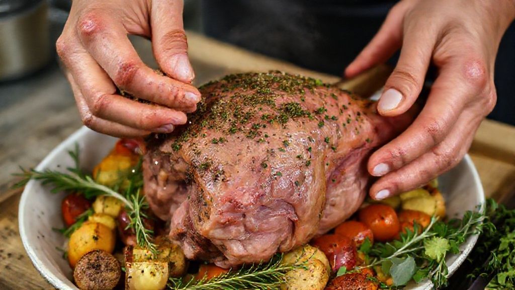 Mãos em ação temperando o pernil e organizando os legumes antes de ir ao forno