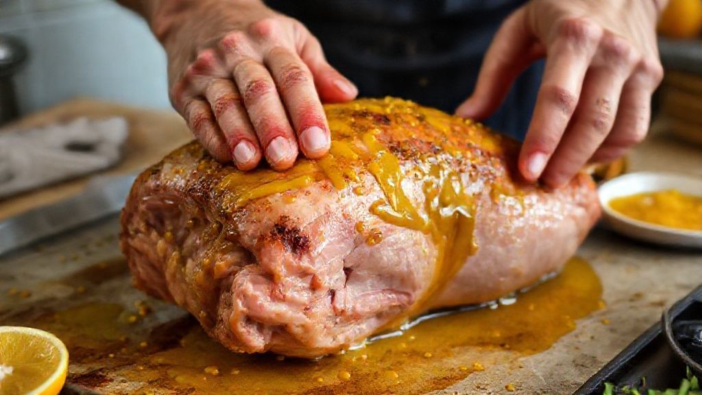 Mãos marinando o pernil de porco com temperos e suco de laranja em uma tigela grande antes de assar.