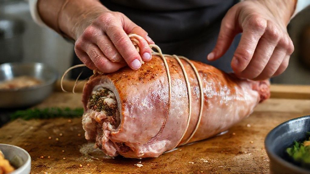 Mãos recheando o pernil com farofa úmida antes de amarrar com barbante culinário