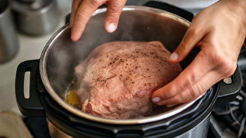 Mãos dourando pedaços de pernil na panela de pressão em uma cozinha caseira