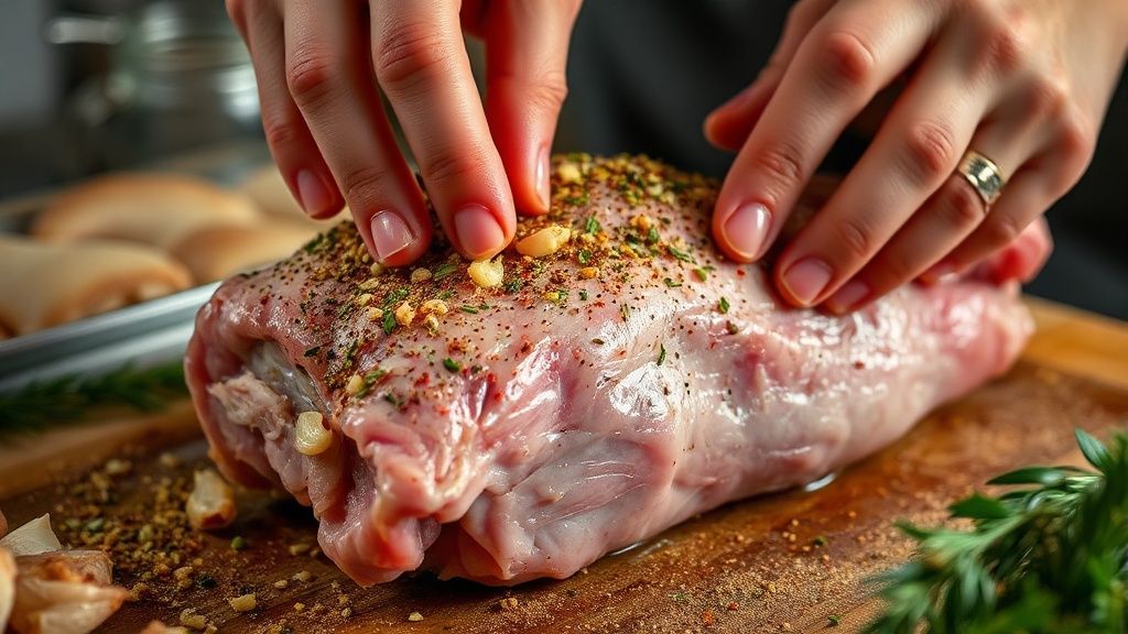 Mãos massageando e temperando o pernil com marinada em uma assadeira, com ervas frescas ao redor