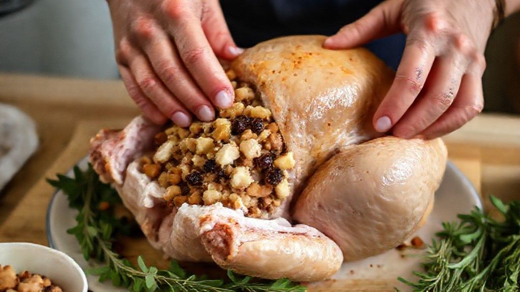 Mãos recheando o peru cru com a mistura de castanhas e uvas passas antes de assar