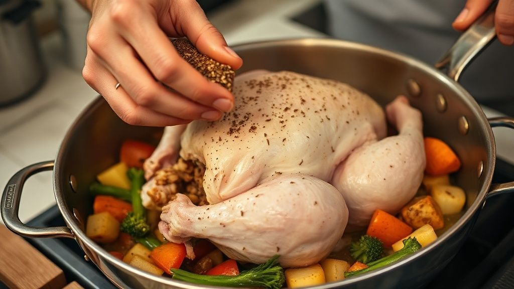 Mãos temperando o peru e preparando a farofa com frutas em uma cozinha iluminada