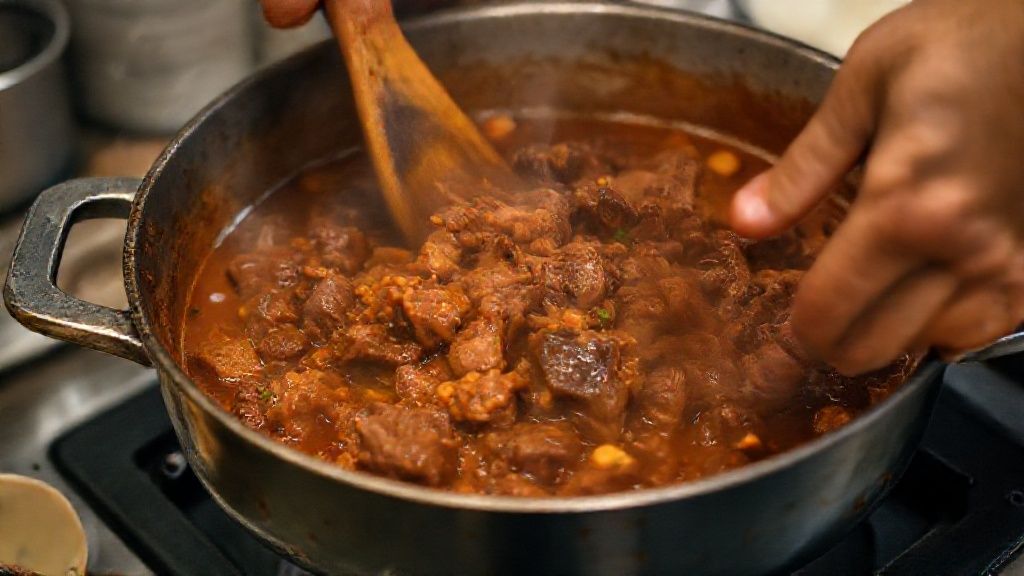 Mãos refogando carne e bacon na frigideira, com molho sendo incorporado, mostrando o ponto do cozimento