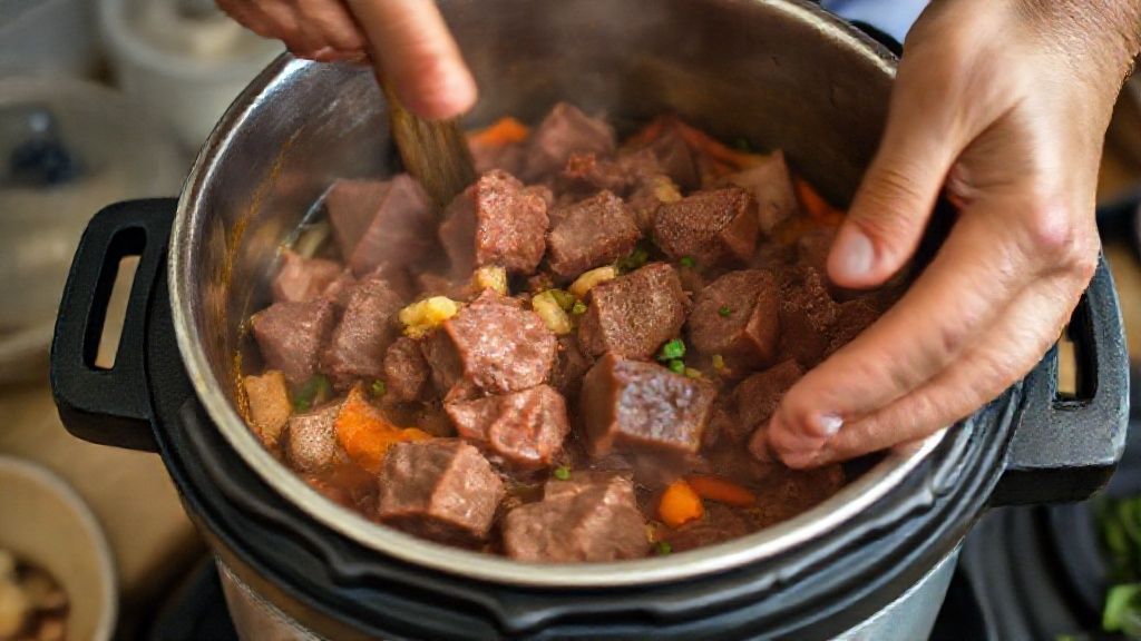 Mãos refogando a carne na panela de pressão com temperos e legumes