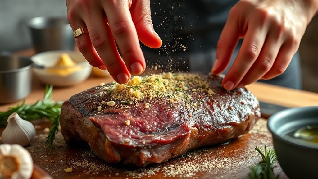 Mãos temperando a peça de picanha com manteiga e ervas antes de levar ao forno