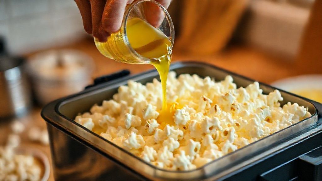 Mãos despejando manteiga derretida sobre pipocas recém-feitas em uma tigela grande