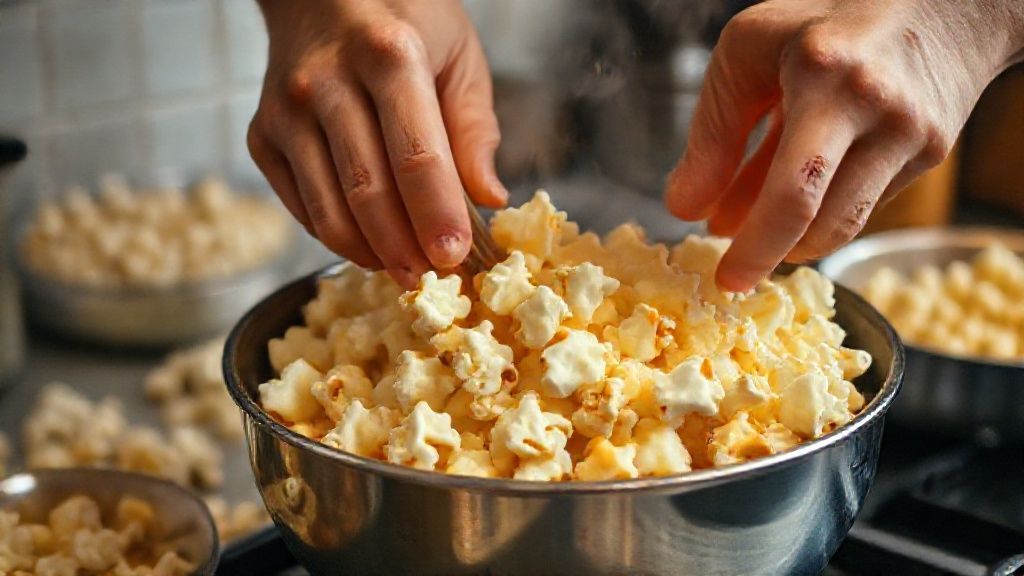 Mãos misturando pipoca estourada ao caramelo dourado em panela