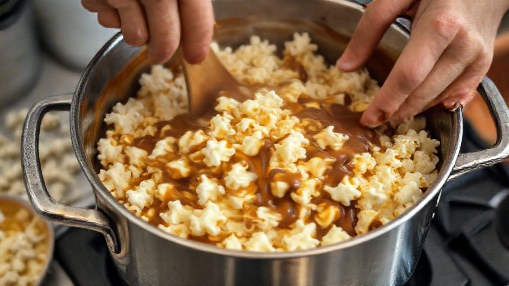 Mãos mexendo a pipoca com calda quente em panela, mostrando o processo de cobertura