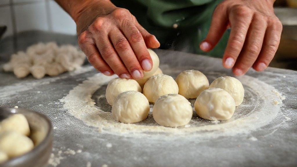 Mãos modelando bolinhas da massa de pipoquinha doce de polvilho antes de levar ao forno