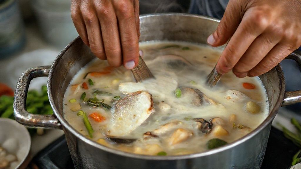 Mãos refogando o peixe com legumes e leite de coco em panela funda durante o preparo do pirarucu de casaca.