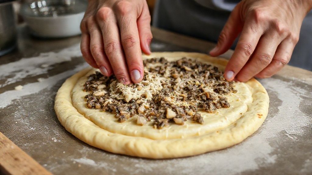 Mãos espalhando o recheio de sardinha sobre a massa crua antes de levar ao forno