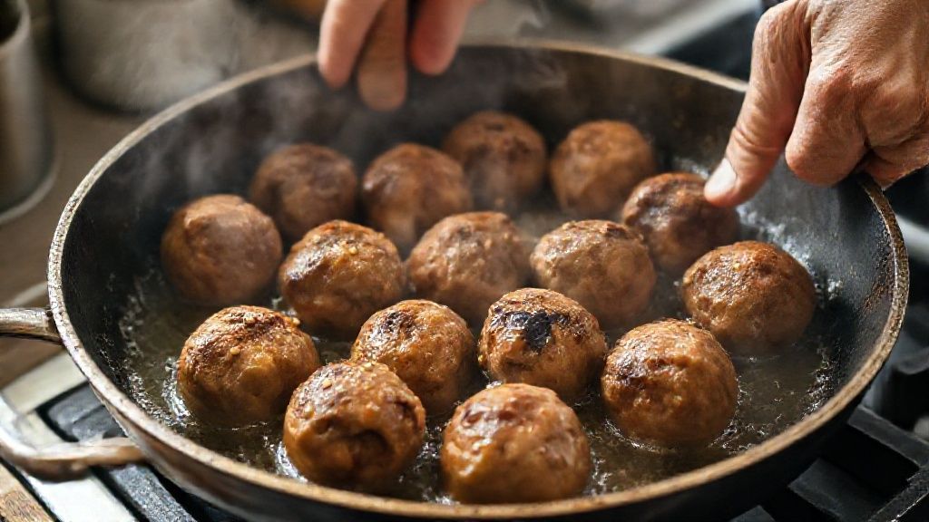 Mãos dourando as polpetas em uma panela, mostrando o processo de preparo