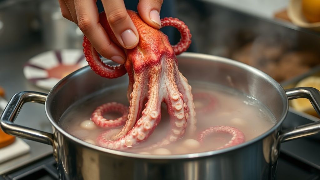 Mãos mergulhando o polvo na água quente durante o cozimento