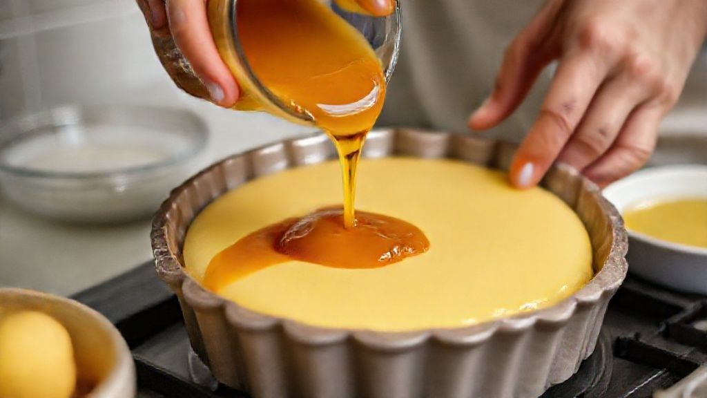 Mãos adicionando o caramelo à forma de pudim e despejando a mistura cremosa de abacaxi
