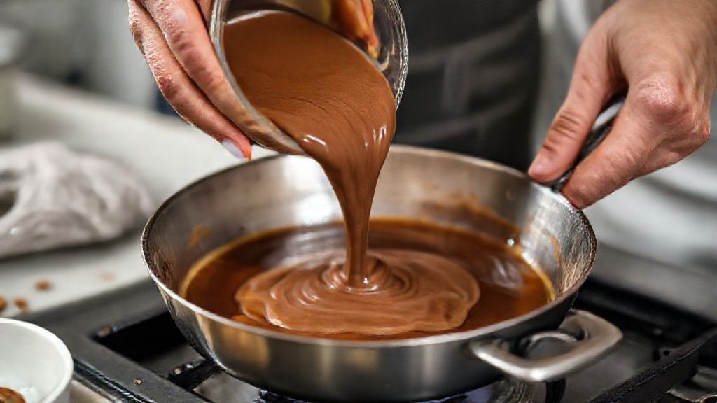 Mãos despejando a mistura cremosa de chocolate em forma de pudim sobre a calda já pronta