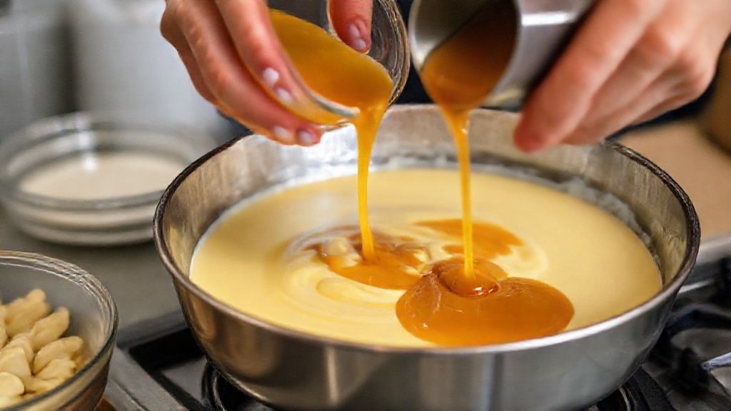 Mãos misturando os ingredientes no liquidificador durante o preparo do pudim de doce de leite