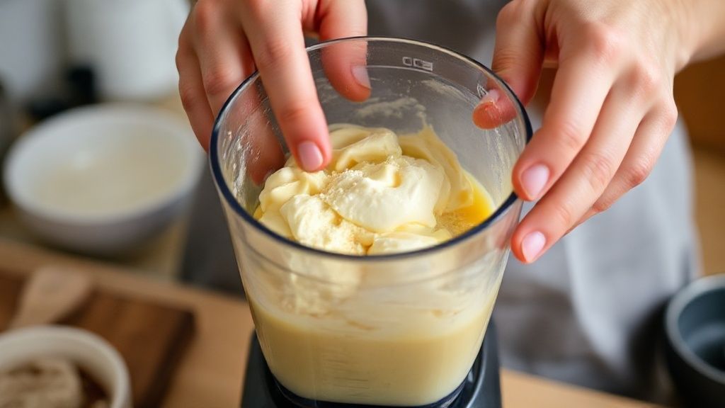 Mãos em ação batendo a mistura do pudim no liquidificador durante o preparo