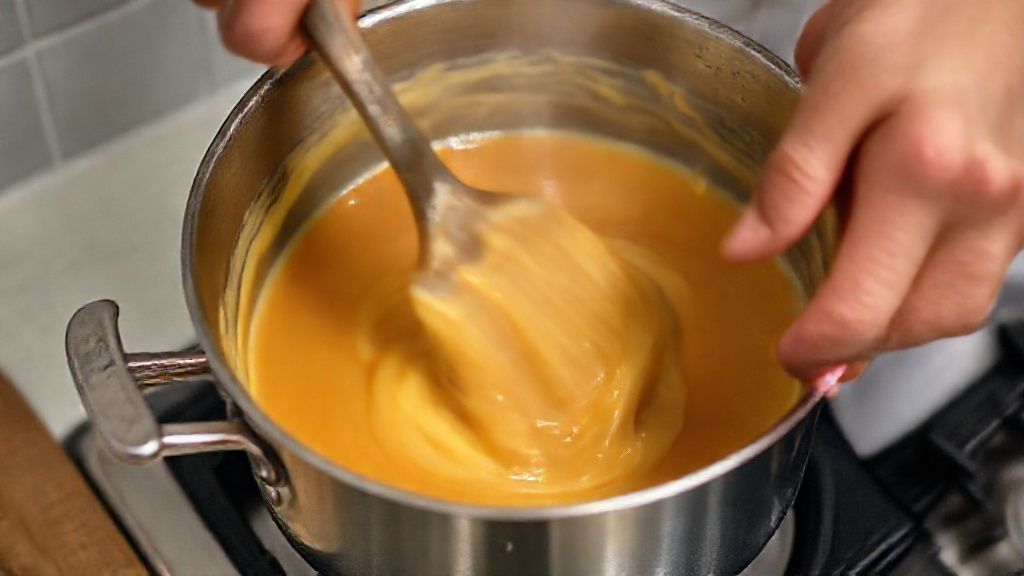 Mãos mexendo o caramelo dourado em panela durante o preparo da calda