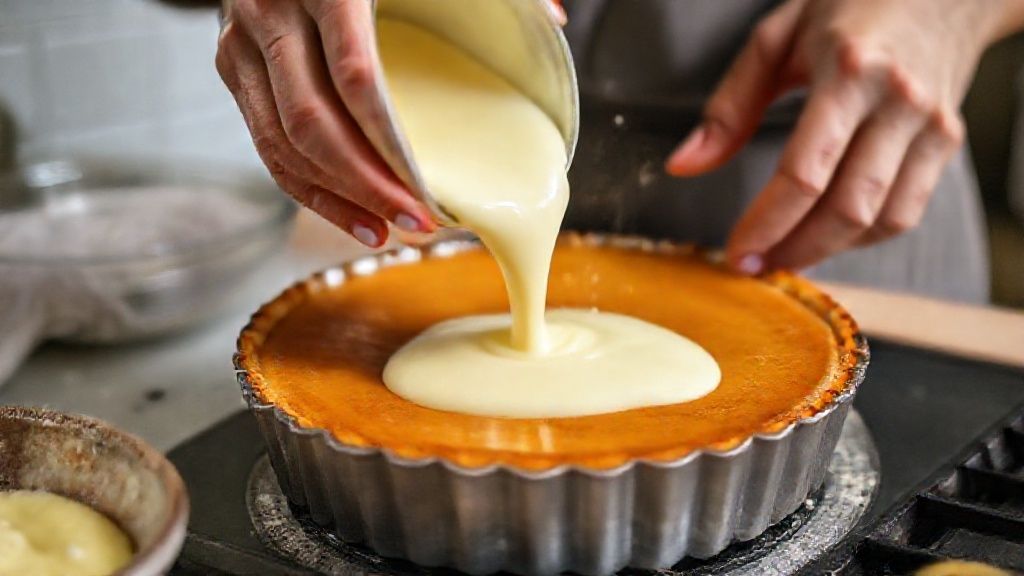 Mãos despejando a mistura cremosa na forma caramelizada antes de ir ao forno