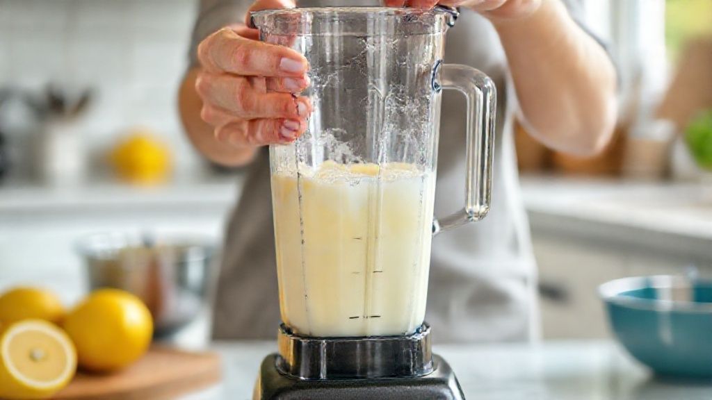 Mãos misturando creme no liquidificador durante o preparo do pudim de limão