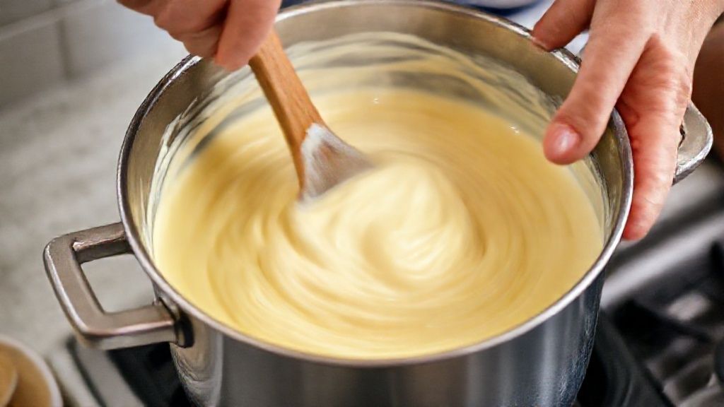 Mãos mexendo o creme do pudim em uma panela durante o cozimento.
