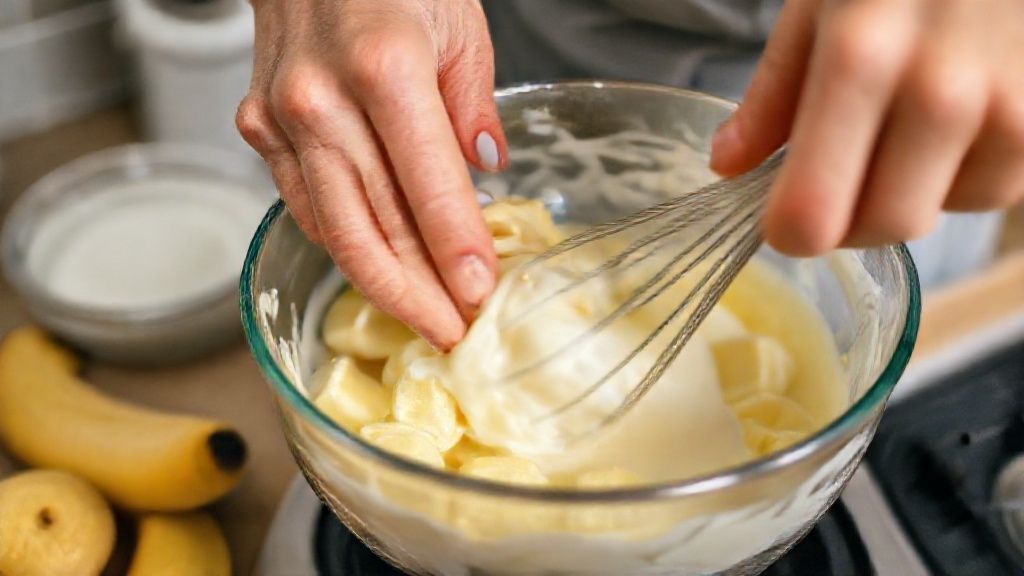 Mãos amassando bananas maduras enquanto mistura ovos e leite em uma tigela de vidro