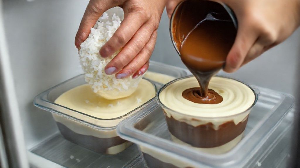 Mãos misturando o creme de coco no liquidificador durante o preparo do pudim prestígio