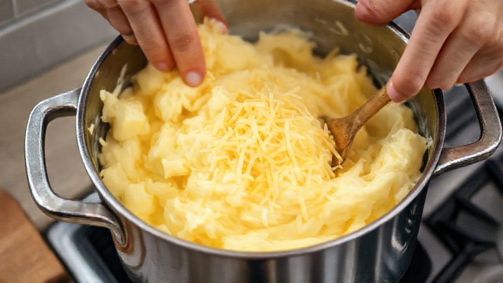 Mãos amassando batatas e incorporando os queijos na panela durante o preparo do purê