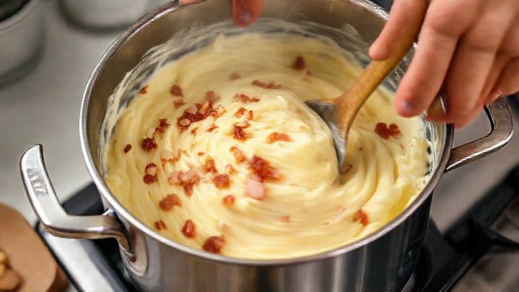 Mãos mexendo o purê cremoso em uma panela, enquanto adicionam bacon e queijo parmesão ralado