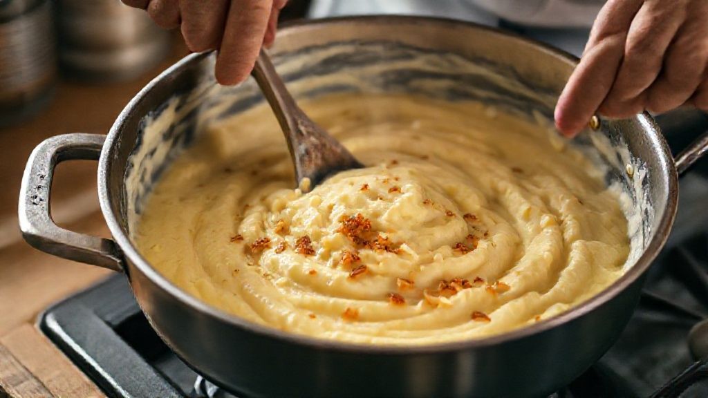 Mãos mexendo o purê cremoso em panela enquanto cebolas são fritas em segundo plano