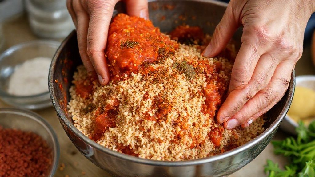 Mãos misturando o trigo hidratado com temperos e tomates em uma tigela, etapa essencial do preparo