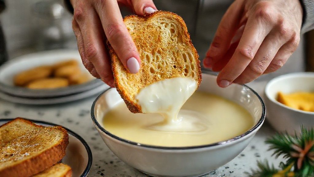 Mãos mergulhando fatia de pão em mistura de leite e ovos durante o preparo da rabanada