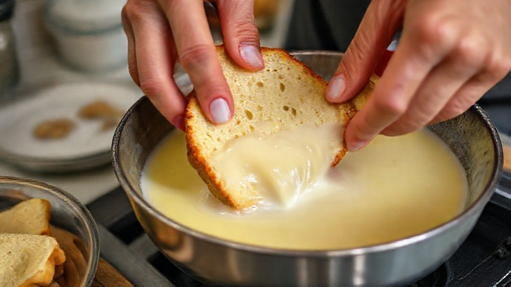 Mãos mergulhando fatias de pão no leite e depois nos ovos durante o preparo da rabanada