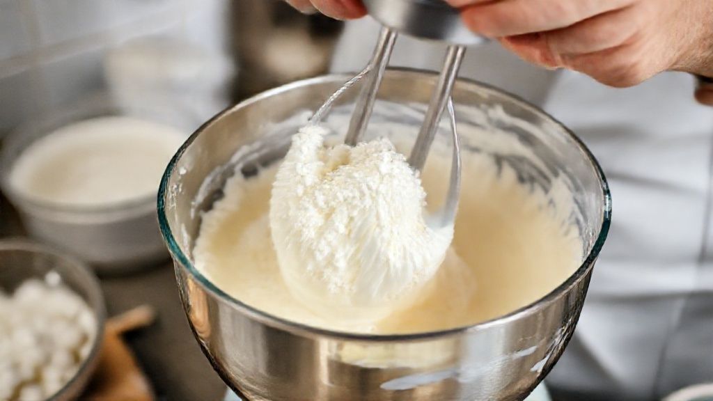 Mãos misturando ingredientes do recheio com batedeira em ação