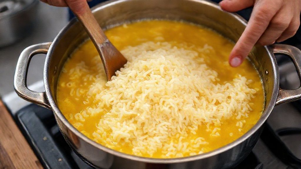 Mãos mexendo o risoto na panela enquanto o arroz absorve o caldo e o açafrão colore o prato
