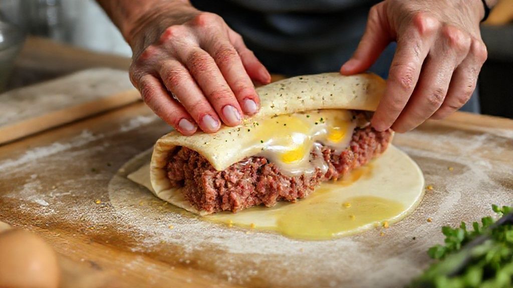 Mãos moldando e enrolando o rocambole sobre o papel alumínio.